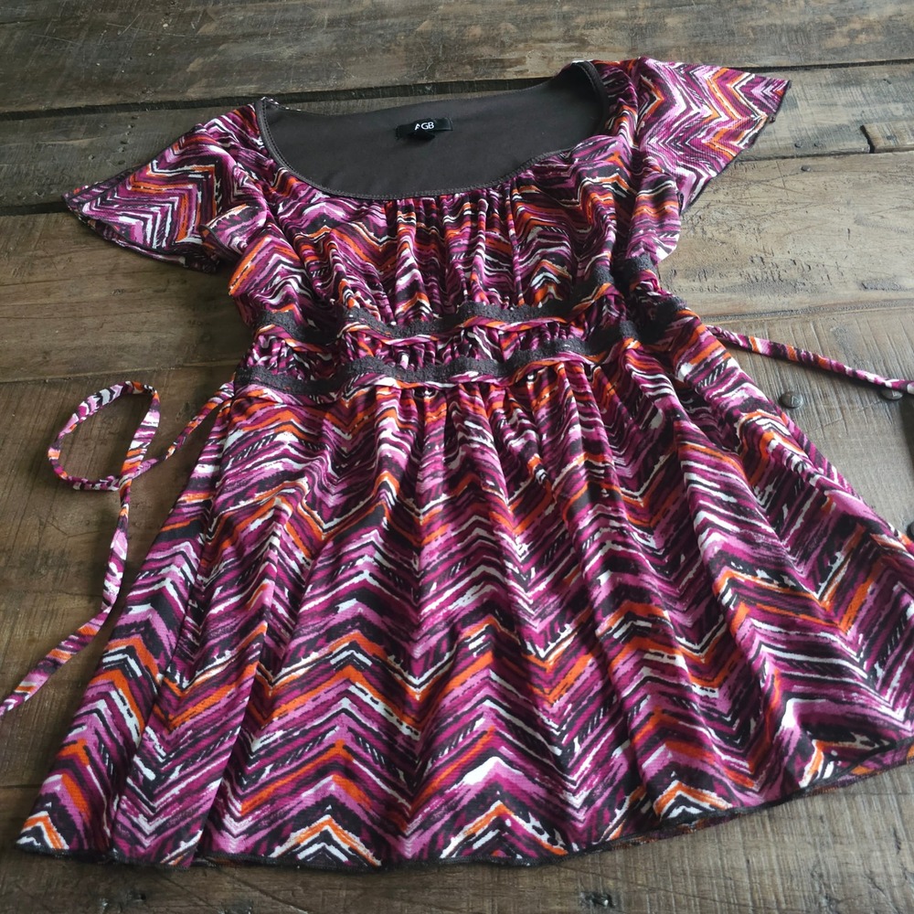 AGB Womens Purple Zigzag‎ Chevron Empire Waist Babydoll Top Y2K Mcbling Large